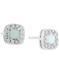 Simulated Opal & Pave Halo Square Stud Earrings in Sterling Silver