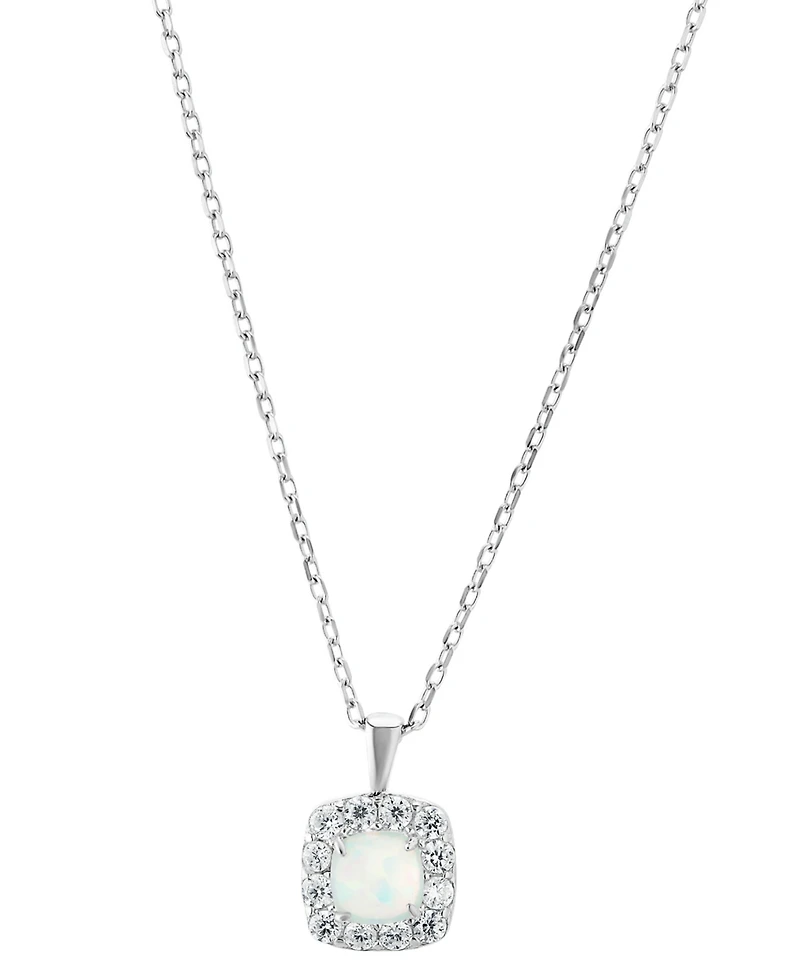 Simulated Opal & Pave Halo Square Pendant Necklace in Sterling Silver, 16" + 2" extender