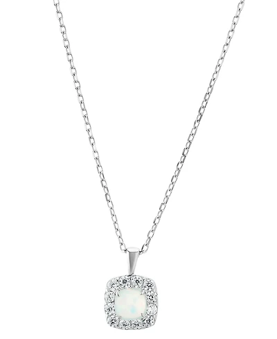 Simulated Opal & Pave Halo Square Pendant Necklace in Sterling Silver, 16" + 2" extender