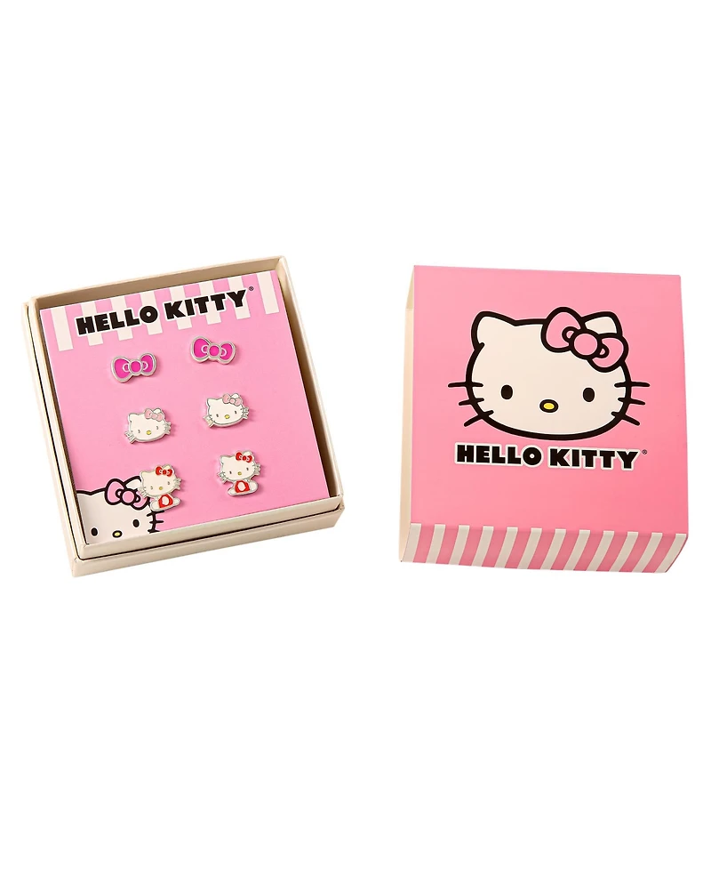 Hello Kitty Sanrio Silver Plated and Enamel Stud Earrings Set - 3 Pairs, Officially Licensed
