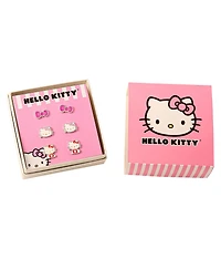 Hello Kitty Sanrio Silver Plated and Enamel Stud Earrings Set - 3 Pairs, Officially Licensed