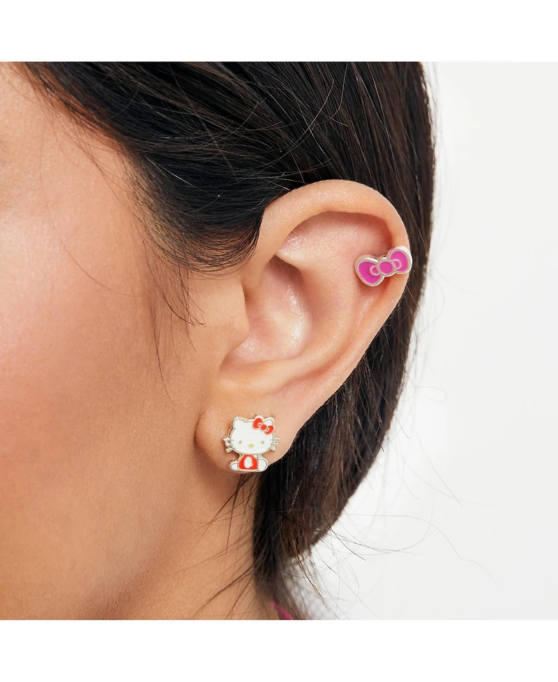 Hello Kitty Sanrio Silver Plated and Enamel Stud Earrings Set - 3 Pairs, Officially Licensed