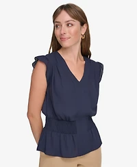 Tommy Hilfiger Women's Ruffled Smocked V-Neck Top