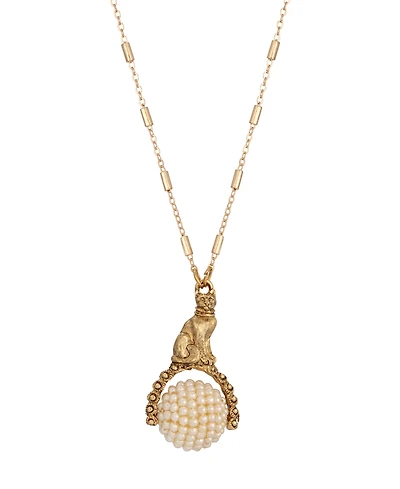 2028 Imitation Pearl Cat Spinner Pendant Necklace