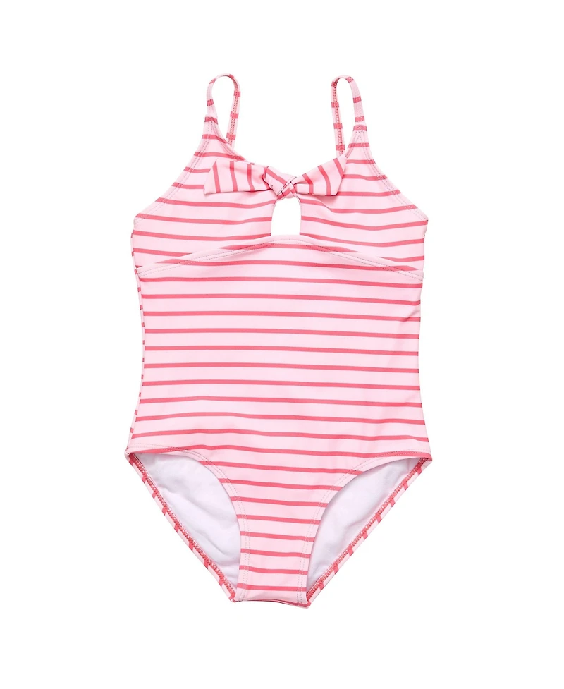 Toddler, Child Girls Coral Stripe Sustainable Bow Swimsuit