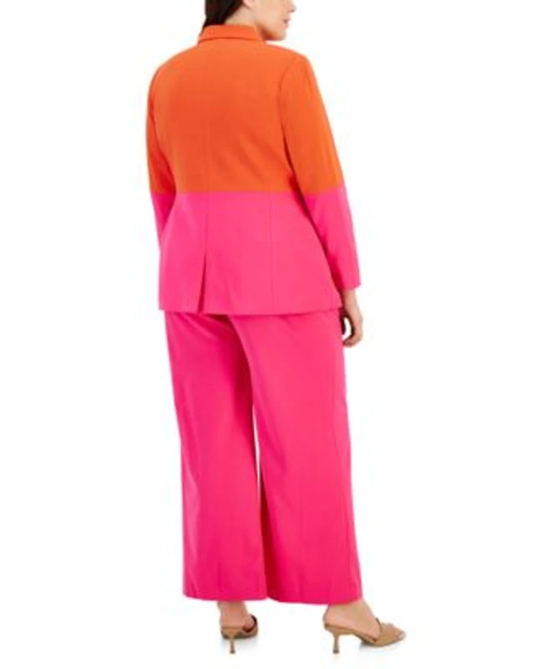 Tahari Asl Plus Size Color Blocked Boyfriend Blazer Printed Blouse Wide Leg Pants