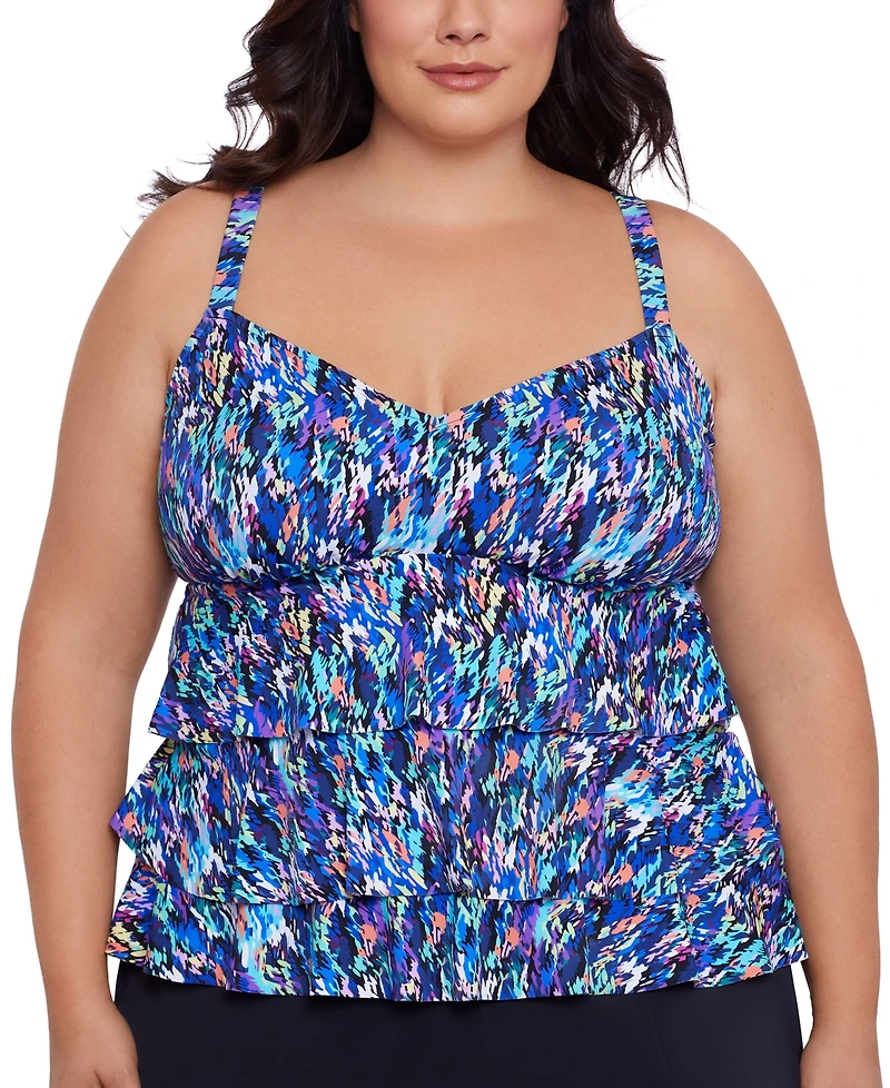 Swim Solutions Plus Size Printed Tiered Tankini Top, Created for Macy's