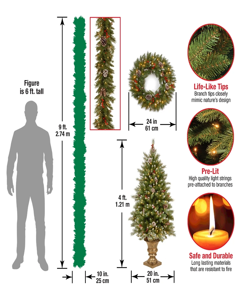 National Tree Company Frosted Berry Assortment- 2x 4' Entrance Trees with Clear Lights + 24" Wreath with Warm White Battery Operated Lights w/Timer +