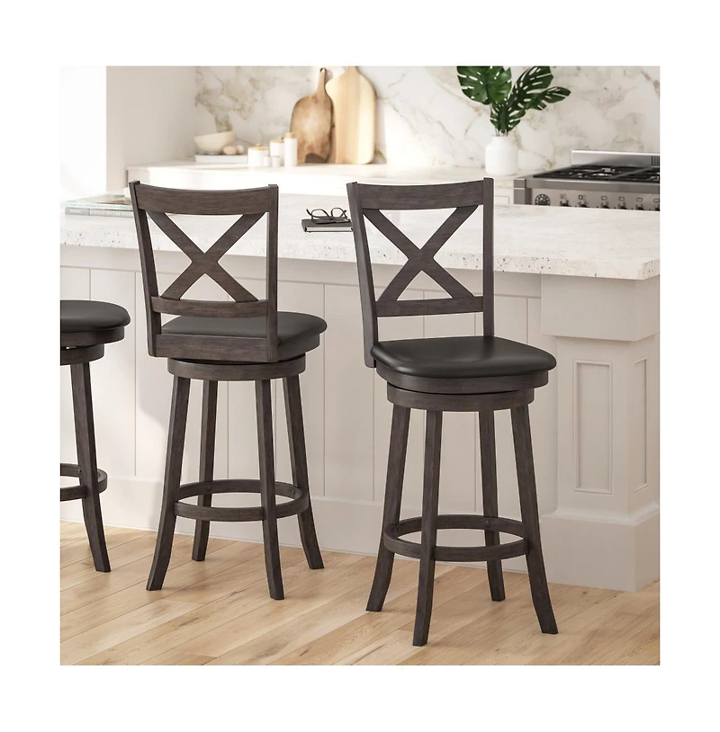 Sora Classic Wooden Crossback Swivel Bar Height Pub Stool With Upholstered Padded Seat And Integrated Footrest