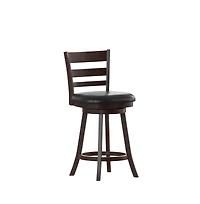 Silla 24" Classic Wooden Ladderback Swivel Counter Height Stool With Upholstered Padded Seat And Integrated Footrest