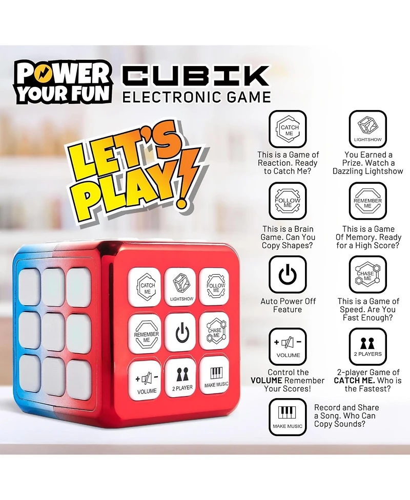 Power Your Fun Cubik Led Flashing Cube Memory Game - Metallic Red/Blue