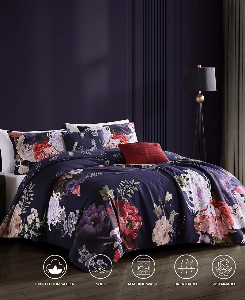 Bebejan Deep Purple Garden Bedding 200 Thread Count 100% Cotton Sateen 5 Piece King Size Reversible Comforter Set