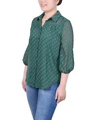 Ny Collection Petite 3/4 Sleeve Foiled Jacquard Chiffon Blouse