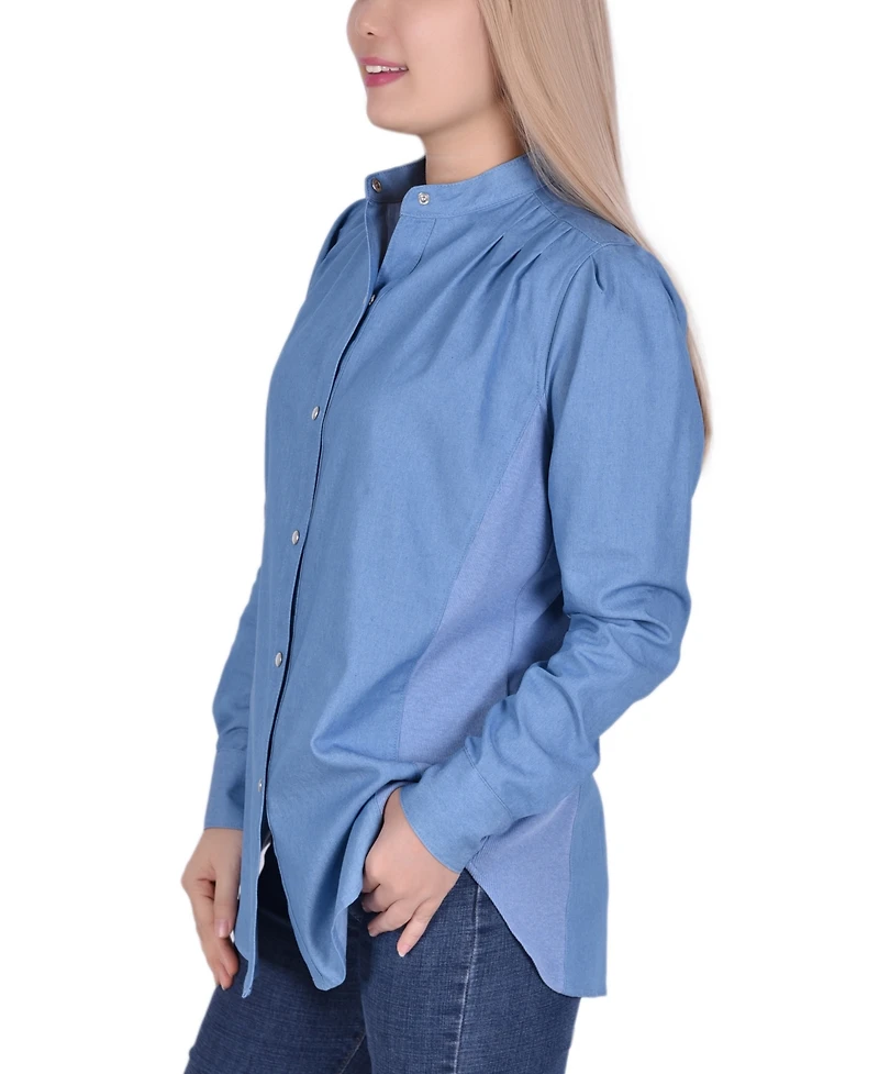 Ny Collection Petite Long Sleeve Chambray Blouse