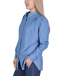 Ny Collection Petite Long Sleeve Chambray Blouse