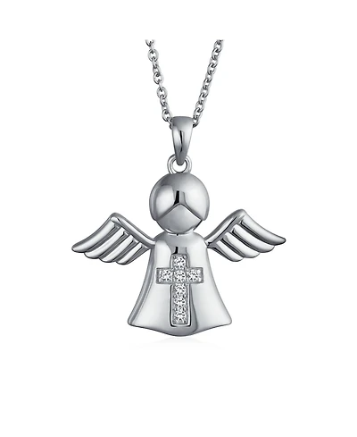 Bling Jewelry Tiny Petite Cz Accent Religious Cross Protection Guardian Angel Pendant Necklace Rose Gold Plated Sterling Silver