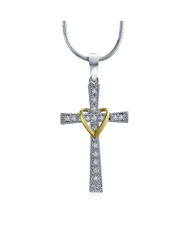 Bling Jewelry Cz Pave Accent Religious Love Of God Modern Fashion Heart Infinity Cross Pendant Necklace Two Tone Rhodium Plated Brass