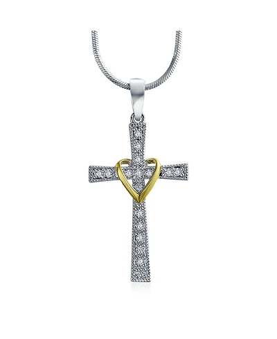 Bling Jewelry Cz Pave Accent Religious Love Of God Modern Fashion Heart Infinity Cross Pendant Necklace Two Tone Rhodium Plated Brass