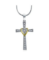 Bling Jewelry Cz Pave Accent Religious Love Of God Modern Fashion Heart Infinity Cross Pendant Necklace Two Tone Rhodium Plated Brass