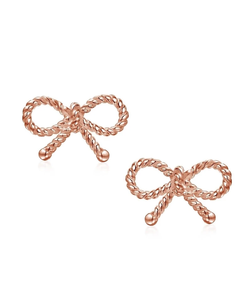 Bling Jewelry Simple Dainty Thin Twist Rope Cable Ribbon Bow Stud Earrings Rose Gold Plated .925 Sterling Silver
