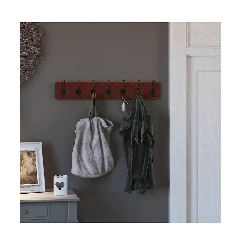 Enid 34 Inch Wall Mount Pine Wood Storage Rack With Hanging Hooks, Entryway, Kitchen, Bathroom