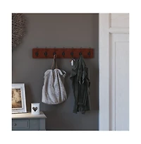Enid 34 Inch Wall Mount Pine Wood Storage Rack With Hanging Hooks, Entryway, Kitchen, Bathroom