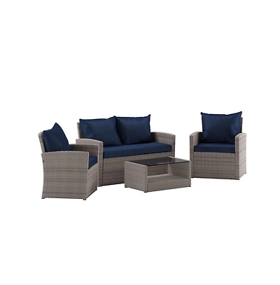 Atlas 4 Piece Patio Set Contemporary Loveseat, 2 Chair And Coffee Table Set With Back Pillows And Seat Cushions