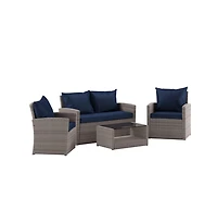 Atlas 4 Piece Patio Set Contemporary Loveseat, 2 Chair And Coffee Table Set With Back Pillows And Seat Cushions