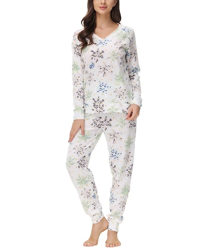 Ink+Ivy Women's Printed Microfleece V-neck Long Sleeve Top with Jogger 2 Pc Pajama Set