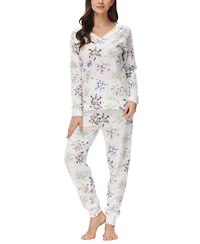 Ink+Ivy Women's Printed Microfleece V-neck Long Sleeve Top with Jogger 2 Pc Pajama Set