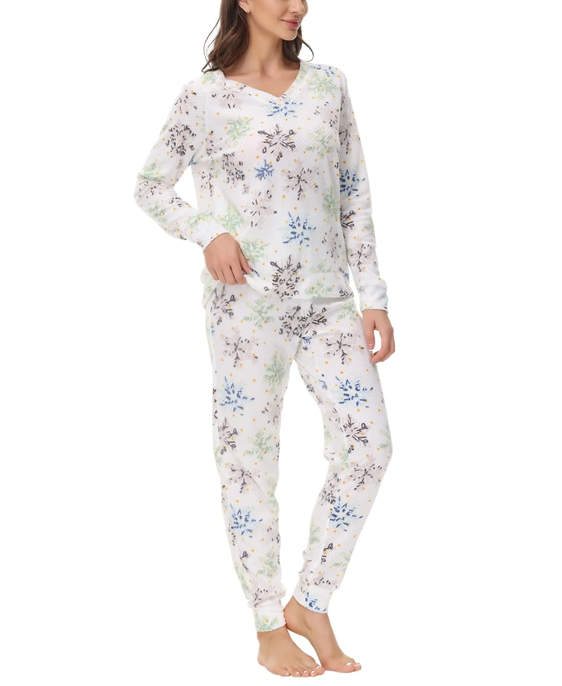 Ink+Ivy Women's Printed Microfleece V-neck Long Sleeve Top with Jogger 2 Pc Pajama Set