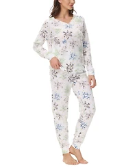 Ink+Ivy Women's Printed Microfleece V-neck Long Sleeve Top with Jogger 2 Pc Pajama Set
