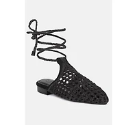 Tutsi Womens Handwoven Honeycomb Tie Up Flat Mules