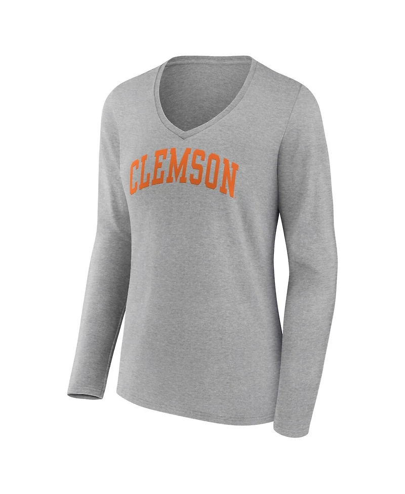 Women's Fanatics Heather Gray Clemson Tigers Basic Arch Long Sleeve V-Neck T-shirt