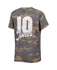 Women's Majestic Threads Mac Jones Camo Distressed New England Patriots Name and Number V-Neck T-shirt