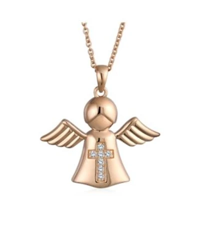 Bling Jewelry Tiny Petite Cz Accent Religious Cross Protection Guardian Angel Pendant Necklace Rose Gold Plated Sterling Silver