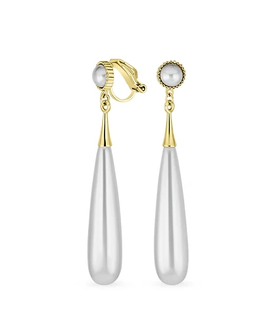 Bling Jewelry Modern Geometric Linear Thin Long Off White Column Simulated Pearl Dangling Chandelier Clip-on Earrings Yellow Gold Plated
