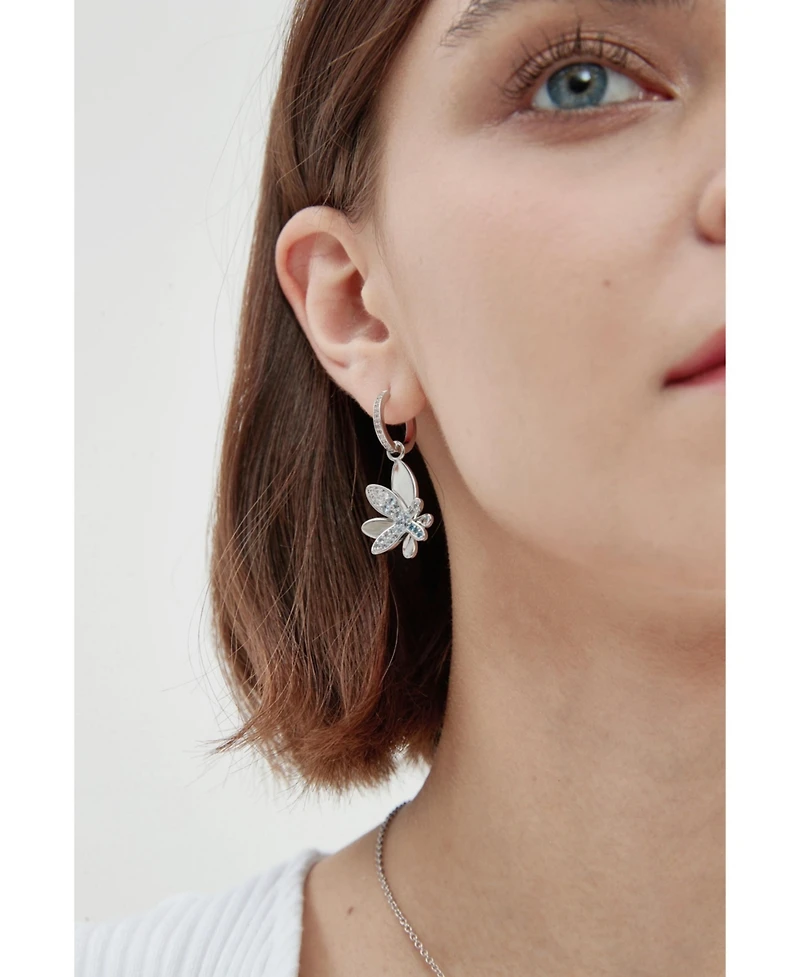 Pave Butterfly Dangle Drop Hoop Earrings