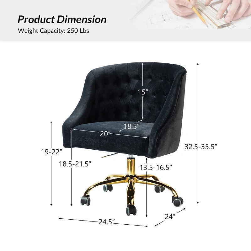 Hulala Home Modern Cute Velvet Desk Chair with Gold Base for Living Room,Bedroom
