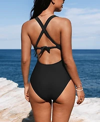 Cupshe Women's Release Happiness Ruched Cross Back One Piece Swimsuit