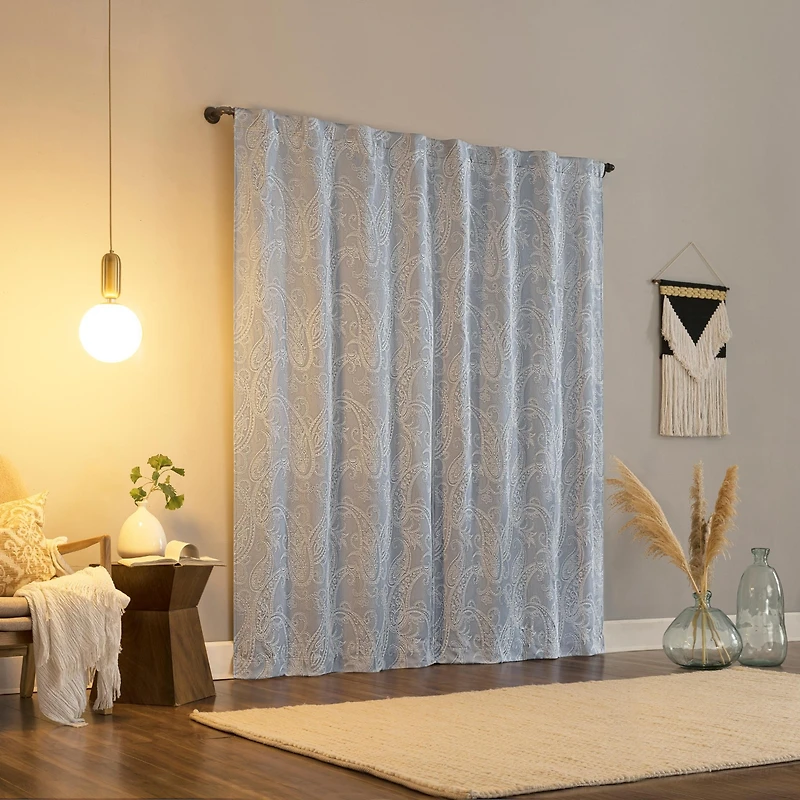 Pedra Paisley Embroidery 100% Blackout Back Tab Curtain Panel