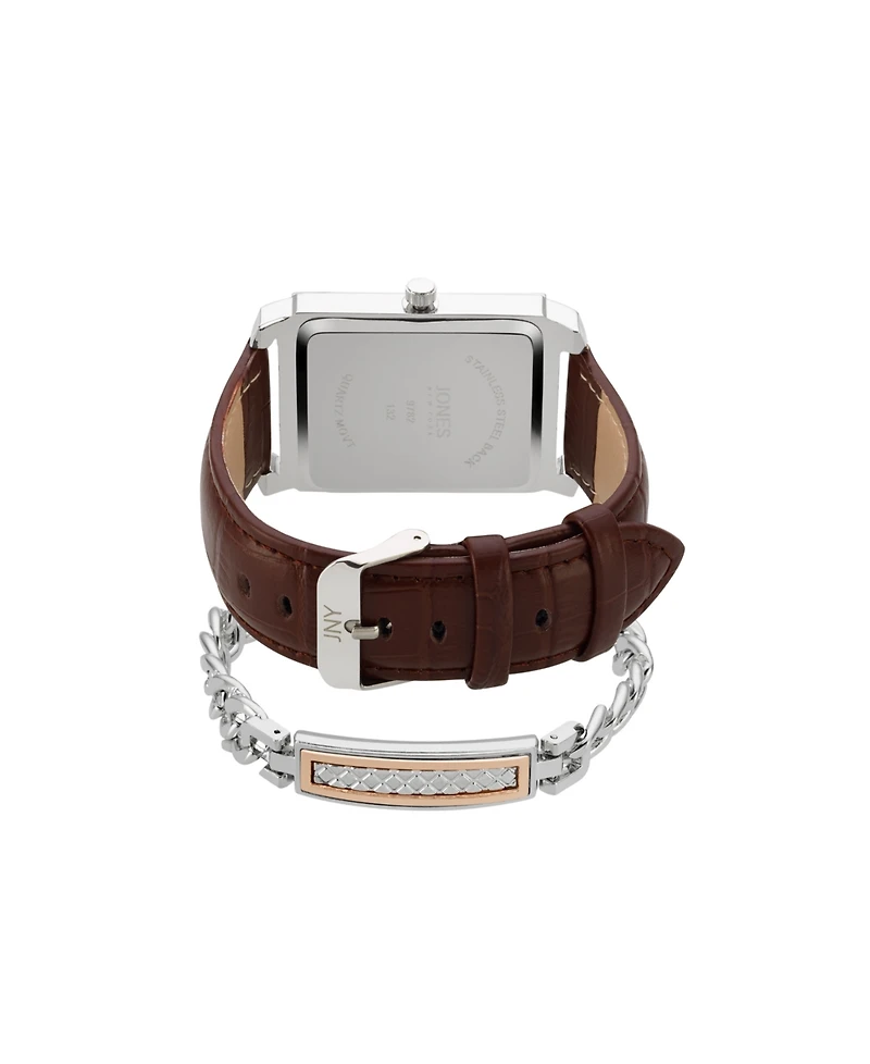 Jones New York Men's Analog Brown Croc Leather Strap Watch 33mm Bracelet Gift Set
