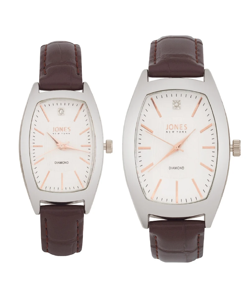 Jones New York Men and Women's Analog Brown Croc Polyurethane Leather Strap His Hers Watch 35mm, 27mm Gift Set