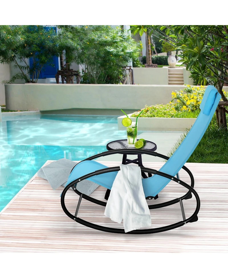Outsunny Patio Rocking Chair, Outdoor Chaise Lounger with Headrest Pillow and Breathable Fabric for Backyard, Living Room, Deck and Poolside, Light Bl