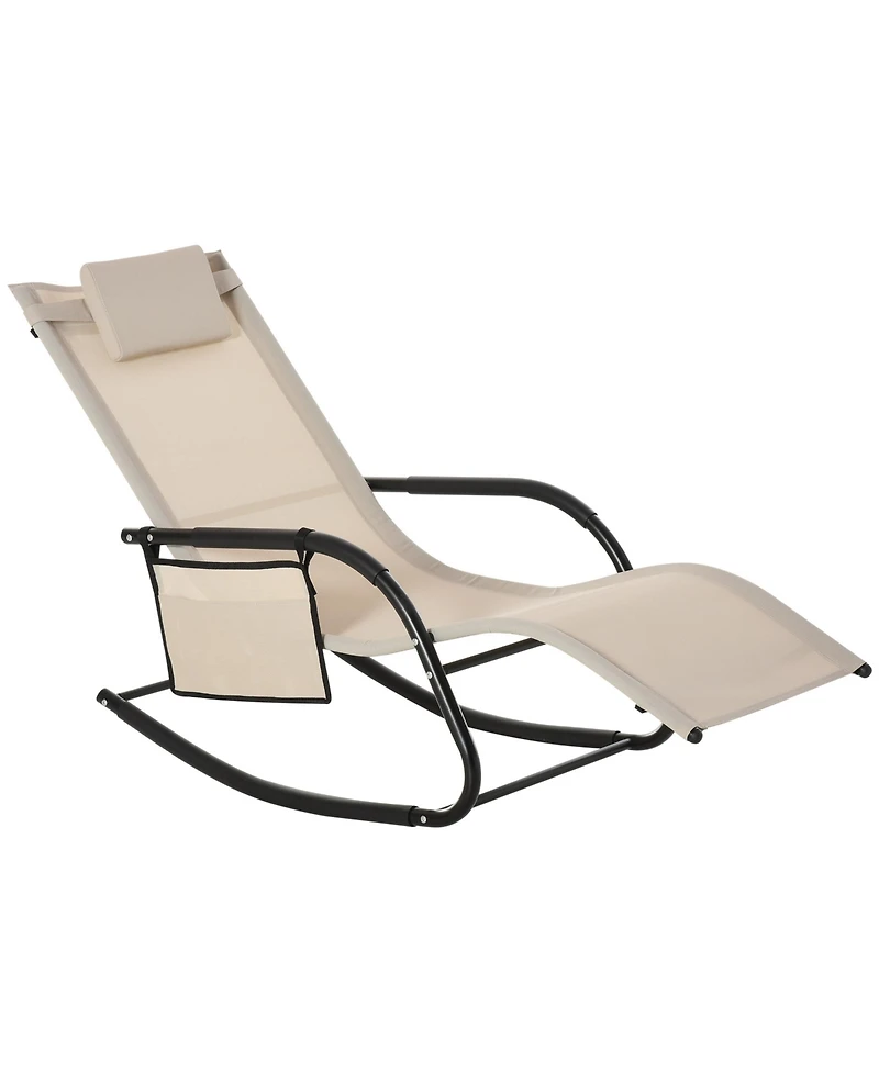 Outsunny Outdoor Rocking Chair, Patio Sling Sun Lounger, Pocket, Recliner Rocker, Lounge Chair with Detachable Pillow for Deck, Garden, or Pool, Cream