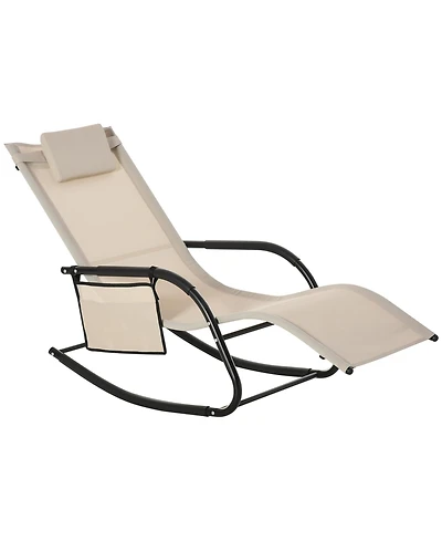 Outsunny Outdoor Rocking Chair, Patio Sling Sun Lounger, Pocket, Recliner Rocker, Lounge Chair with Detachable Pillow for Deck, Garden, or Pool, Cream