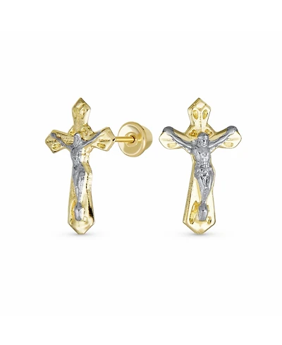 Bling Jewelry Tiny Minimalist Christian Religious Jesus Gold Crucifix Cross Two Tone Yellow 14K Gold Stud Earring Safety Screw Back