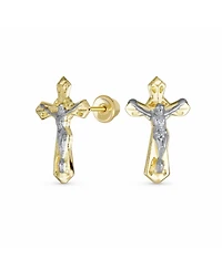 Bling Jewelry Tiny Minimalist Christian Religious Jesus Gold Crucifix Cross Two Tone Yellow 14K Gold Stud Earring Safety Screw Back