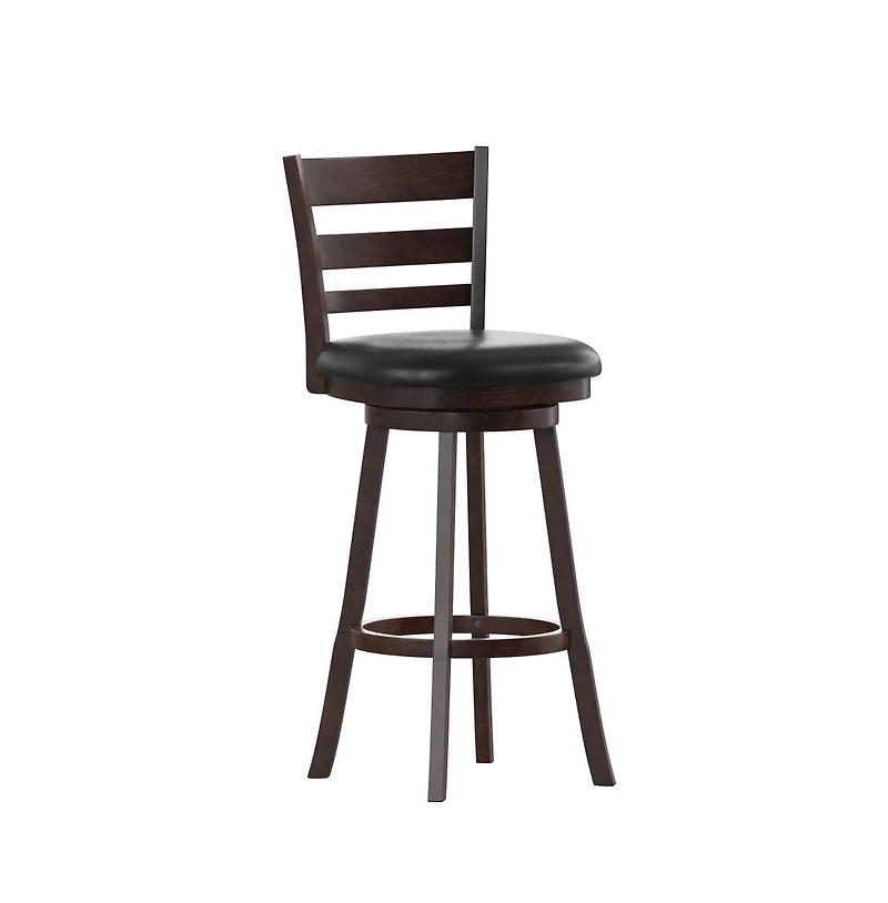 Silla 30" Classic Wooden Ladderback Swivel Bar Height Stool With Upholstered Padded Seat And Integrated Footrest