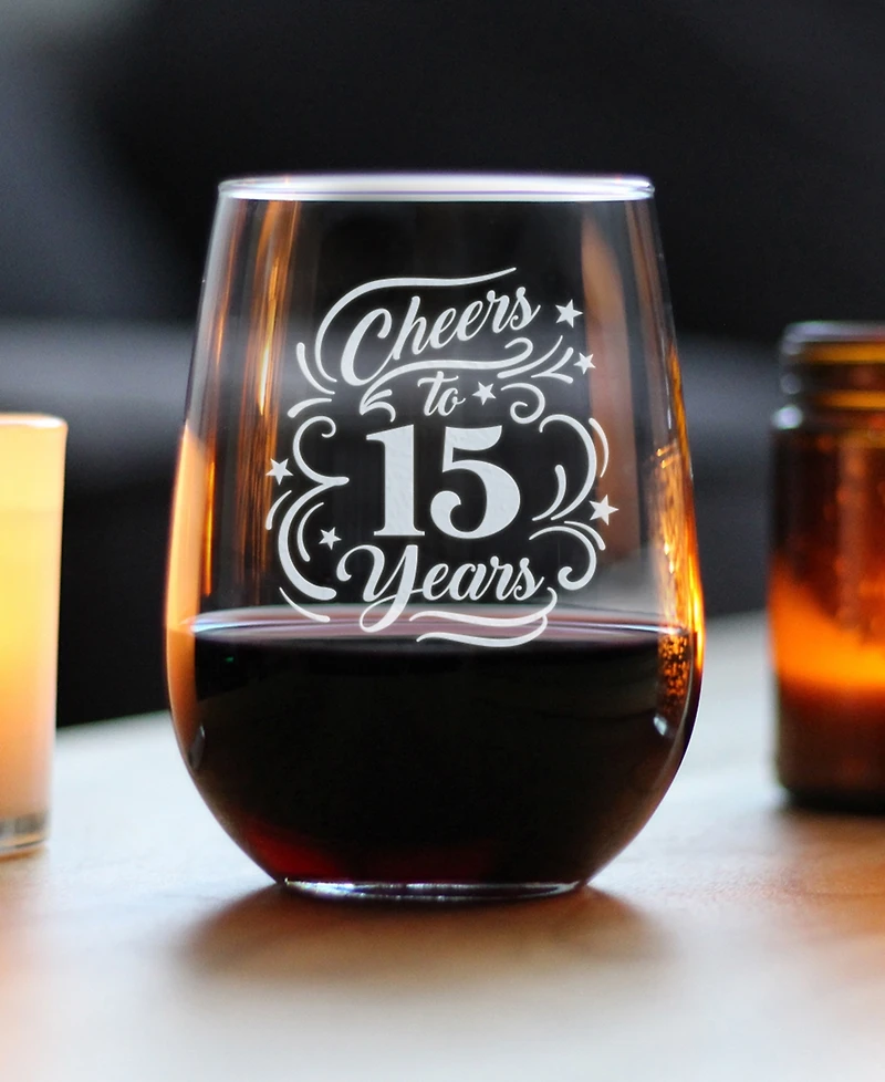 Bevvee Cheers to 15 Years 15th Anniversary Gifts Stem Less Wine Glass, 17 oz